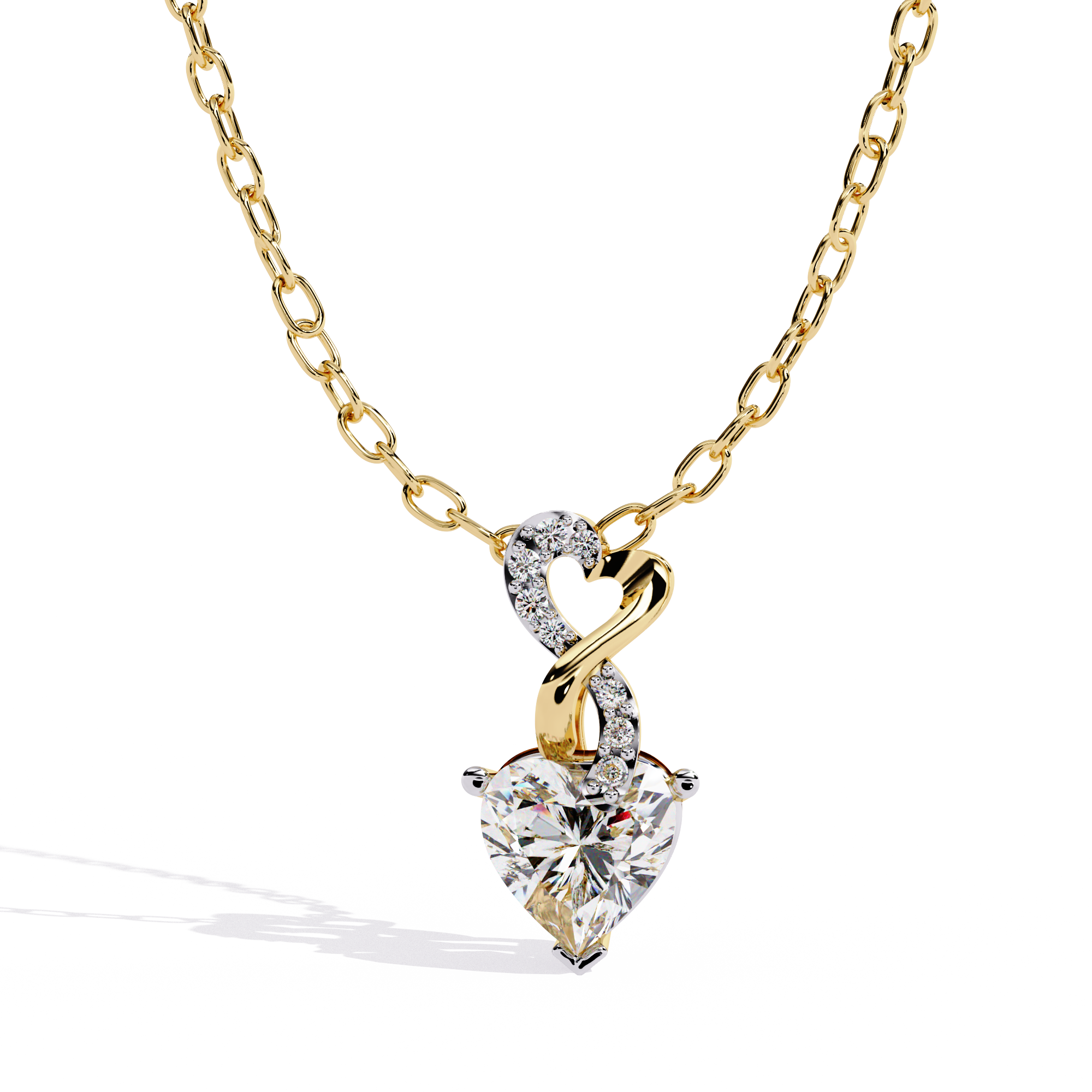 14 KT Gold Plated Heart radiant cut and round cut solitaire diamonds in an intertwined design pendant